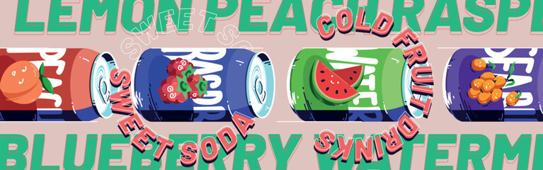 Sweet soda, cold fruit drinks banner. Fizzy raspberry, watermelon, sea buckthorn and peach beverage in aluminium cans. Vector poster with cartoon illustration of metal tin cans with lemonade