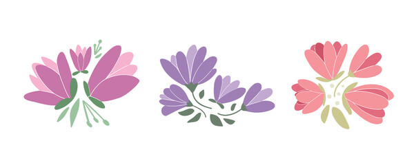 Collection of various magnolia bouquets. Colorful cartoon plant. Flat vector illustration of an Asian flower on an isolated white background is hand-drawn. Blooming decorative element for your design.