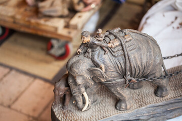 Wood carving elephant mother and child