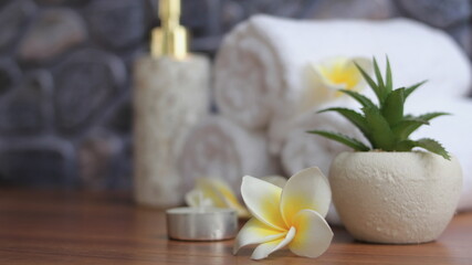 Obraz na płótnie Canvas close up of Plumeria Spa accessories,Beautiful composition of spa , spa relax concept, herbs for massage, beautiful sap set on wood table,For marketing products