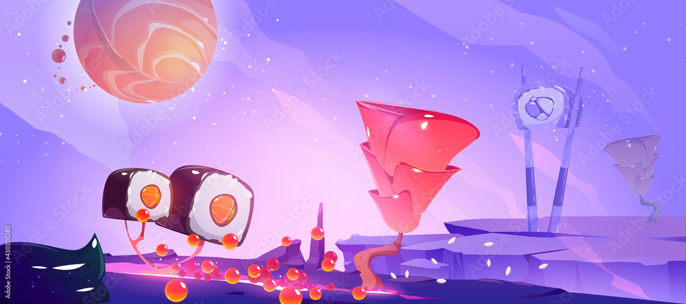 Poster sushi planet poster with fantasy landscape with trees with roll and ginger and salmon planet in sky.
