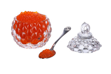 red sturgeon caviar in a glass caviar bowl with a lid with a spoon lying next to it on a white isolated background