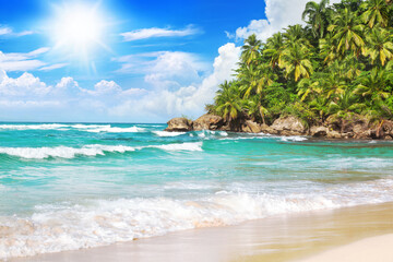Naklejka na ściany i meble Exotic tropical island landscape turquoise sea water ocean wave, green palm tree leaves, yellow sand beach, sun blue sky white clouds background, beautiful nature view, summer holidays vacation travel