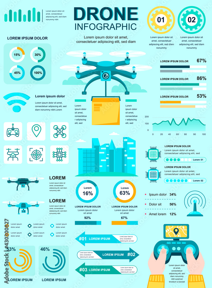 Leinwandbilder Drone delivery banner with infographic elements. Poster template with flowchart, data visualization, timeline, workflow, illustration. Vector info graphics design of marketing materials concept