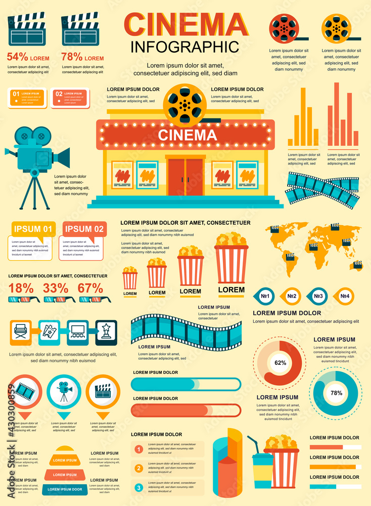 Poster cinema banner with infographic elements. film industry poster template with flowchart, data visualiz