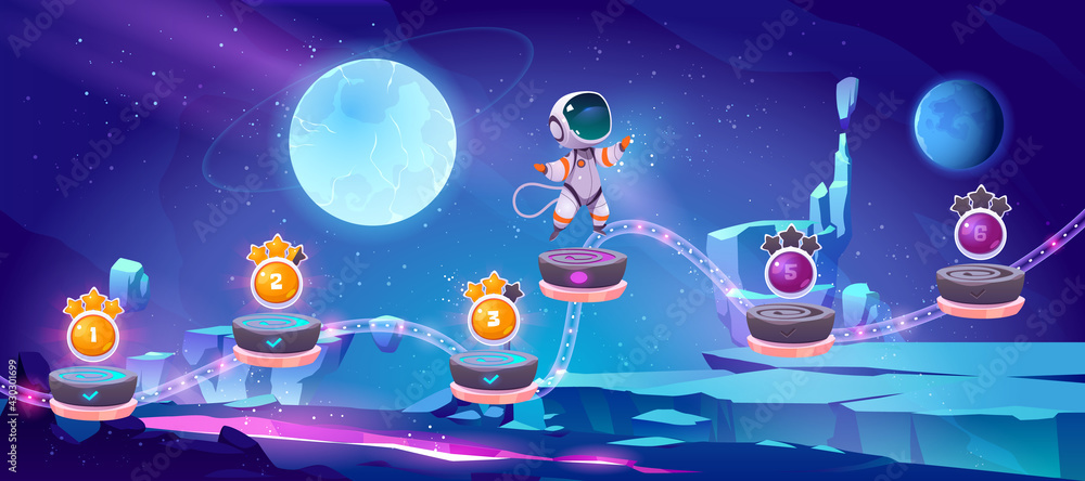 Poster space game, mobile arcade with astronaut jump on platforms with bonus and asset items on alien plane