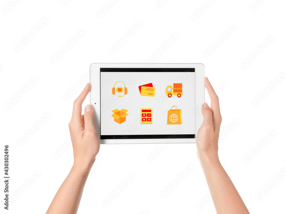 Poster female hands holding tablet computer with open page of delivery service application on white backgro