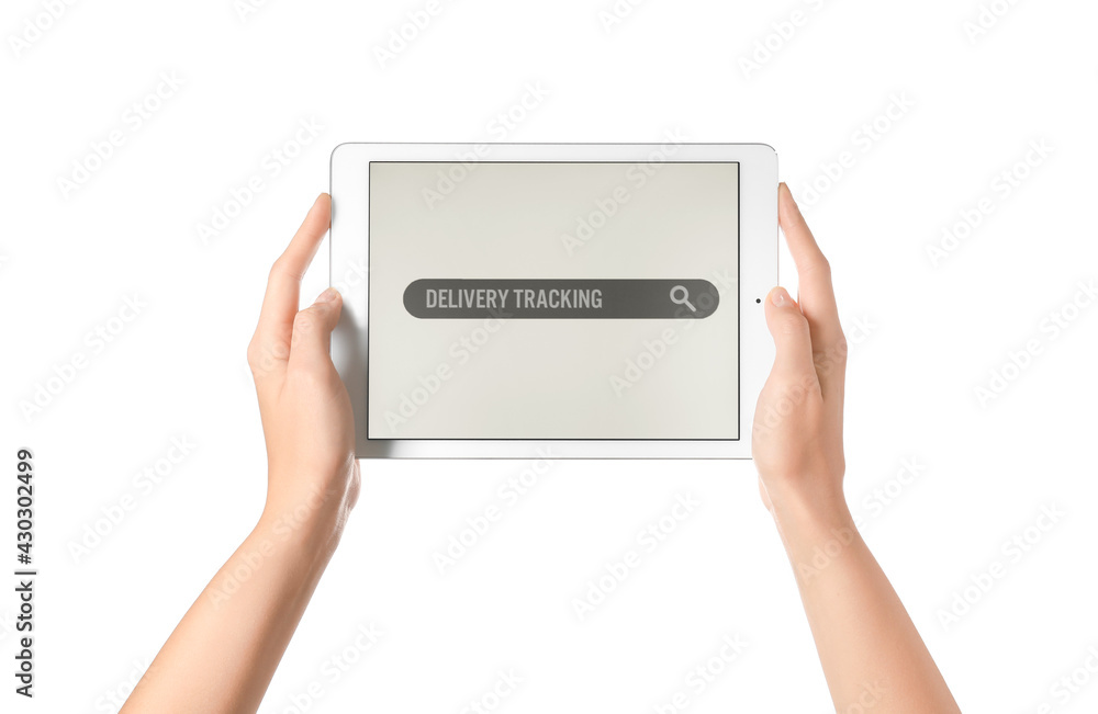 Poster female hands holding tablet computer with open page of delivery service application on white backgro