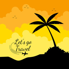 Travel destination vector background and template design with travel destinations Island and beach at sunset. Let's go travel vector illustration.