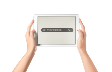 Female hands holding tablet computer with open page of delivery service application on white background
