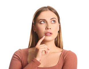 Young woman with beautiful manicure on white background