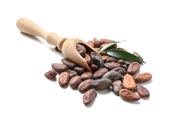 Scoop with cocoa beans on white background