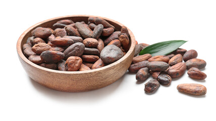 Bowl with cocoa beans on white background