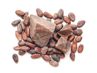 Cocoa beans and chocolate on white background