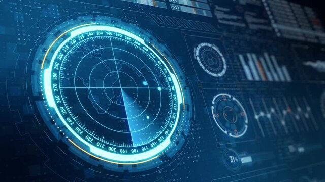 Motion graphic of  blue color sonar radar screen searching an object with futuristic head up display ( HUD UI ) technology interface screen and chat panel