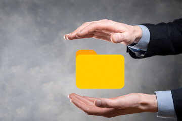 Businessman hold folder icon.Document Management System or DMS setup by IT consultant with modern...