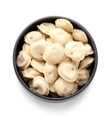 Bowl with tasty dumplings on white background