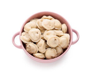 Bowl with tasty dumplings on white background