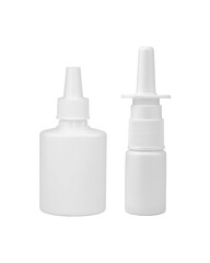  Two spray plastic bottles isolated on white background. Pharmaceutical packaging mockup.                                             