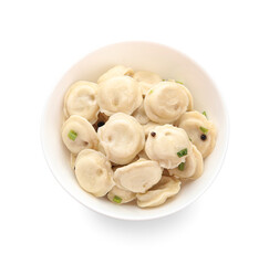 Bowl with tasty dumplings on white background