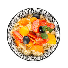 Bowl with couscous and vegetables on white background