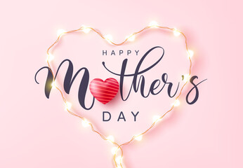 Mother's Day Poster or banner with love heart and symbol of heart from LED lights on pink background.Promotion and shopping template or background for Love and Mother's day concept.