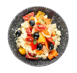 Plate with couscous and vegetables on white background