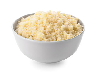 Bowl with tasty couscous on white background