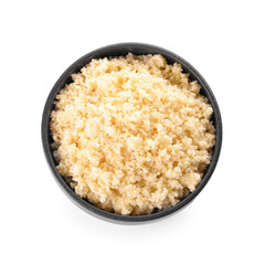 Bowl with tasty couscous on white background