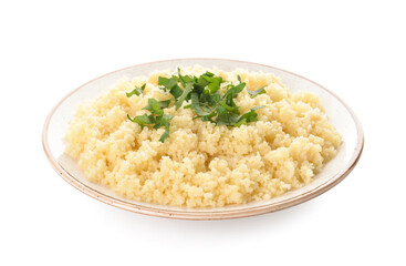 Plate with tasty couscous and parsley on white background