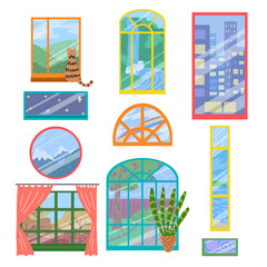 Set of different cartoon windows with curtains, a cat, plants and a different look. Vector stickers with architecture elements. Interior objects of various houses.