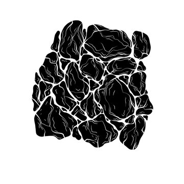 Monochrome illustration of black silhouette of stones. Earthquake with earth destruction. Natural disaster. Vector rock image for card, sticker, banner