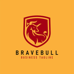 Red Brave Bull Silhouette and Abstract Emblem Shield Combination Logo Design.
