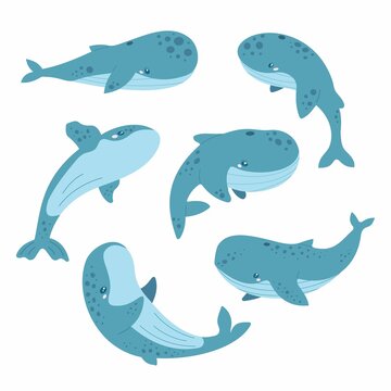 Vector illustration of collection of isolated cute whales on the white background. Set of ocean animals. Cartoon marine fishes. Children`s character for textile, game, website or other print.   