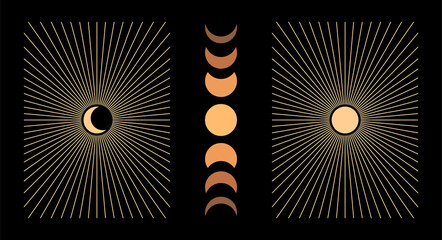 Vector set with sun and moon on black background. Contemporary  geometric compositions.  Boho wall decor. Mid century art print.