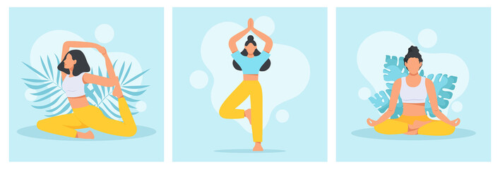 Collection of young women in yoga position. Physical and spiritual practice. The concept of yoga, meditation and relax. Health benefits for the body, mind and emotions. Flat vector illustration.