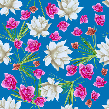 Colourful Seamless Pattern with tropic flowers and leaves. Hi quality fashion design. Fresh and unique botanical background