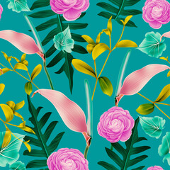 Colourful Seamless Pattern with tropic flowers and leaves. Hi quality fashion design. Fresh and unique botanical background - 430309678
