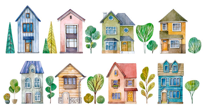 Colorful watercolor houses and trees, hand painted illustration.