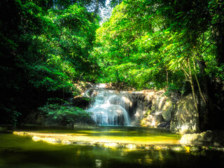 The beautiful waterfall in forest at Erawan National Park.