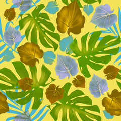 Fototapeta na wymiar Seamless tropical flower, plant and leaf pattern background.Modern exotic design for paper, cover, fabric, interior decor and other users..