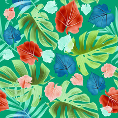 Seamless tropical flower, plant and leaf pattern background.Modern exotic design for paper, cover, fabric, interior decor and other users..