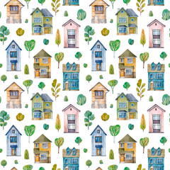 Watercolor seamless pattern with houses and trees on white background.