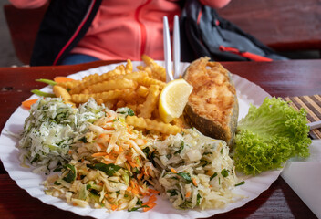 Fried fish with fries and vegetable salad
