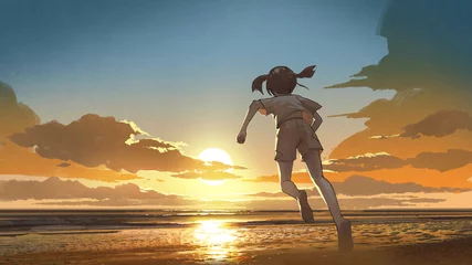 Papier Peint photo Grand échec fille courir pieds nus à la plage au lever du soleil, style art numérique, peinture d& 39 illustration