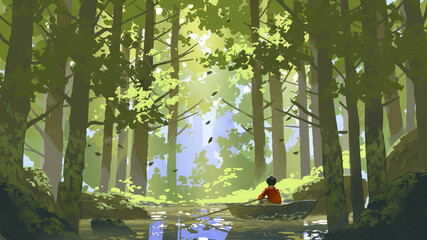 garçon ramant un bateau dans une rivière à travers la forêt, style art numérique, peinture d& 39 illustration