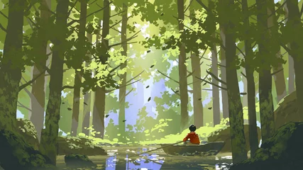 Photo sur Plexiglas Grand échec garçon ramant un bateau dans une rivière à travers la forêt, style art numérique, peinture d& 39 illustration