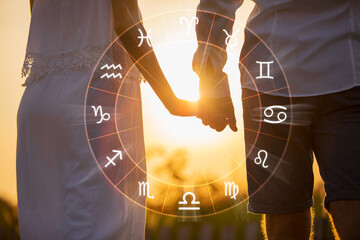 Concept photo of couple with perfect match and love compatibility between zodiac signs - obrazy, fototapety, plakaty