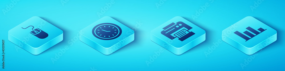 Poster set isometric computer mouse, clock, pie chart infographic and printer icon. vector