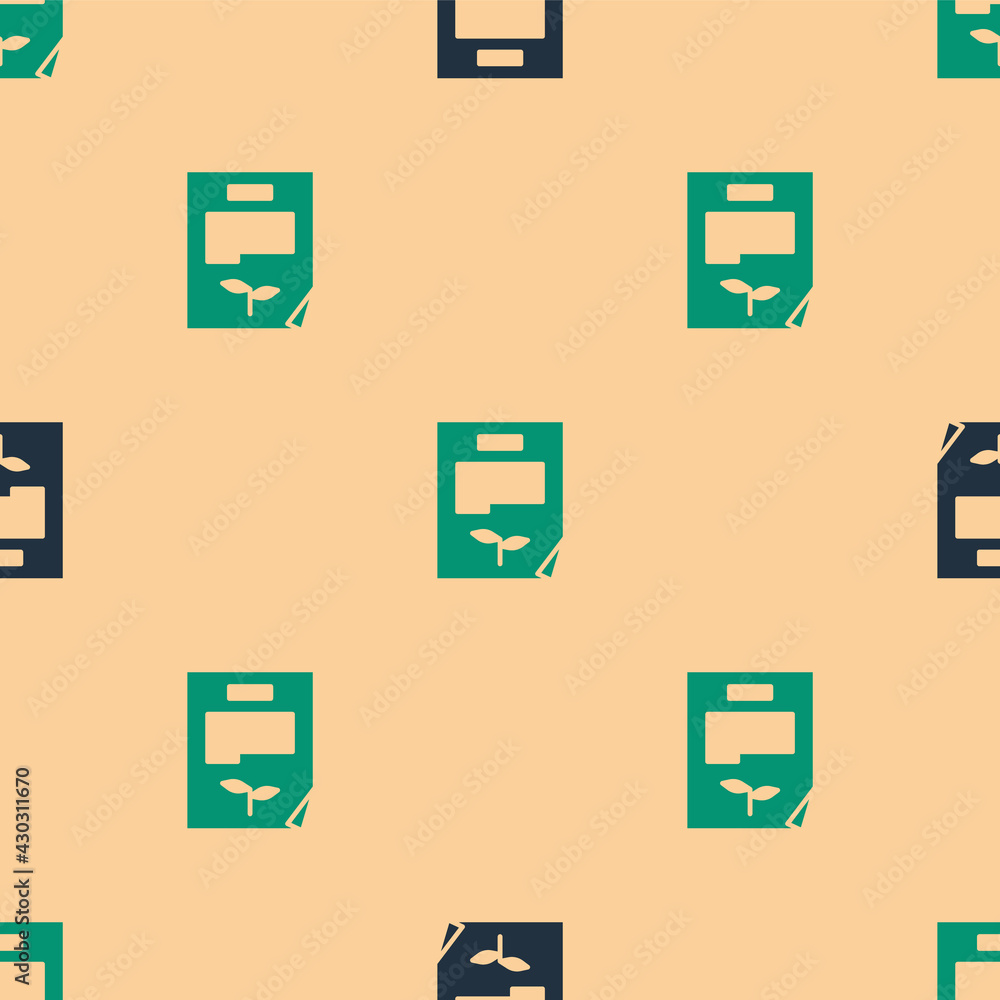 Poster green and black leaf document icon isolated seamless pattern on beige background. nature file icon. 